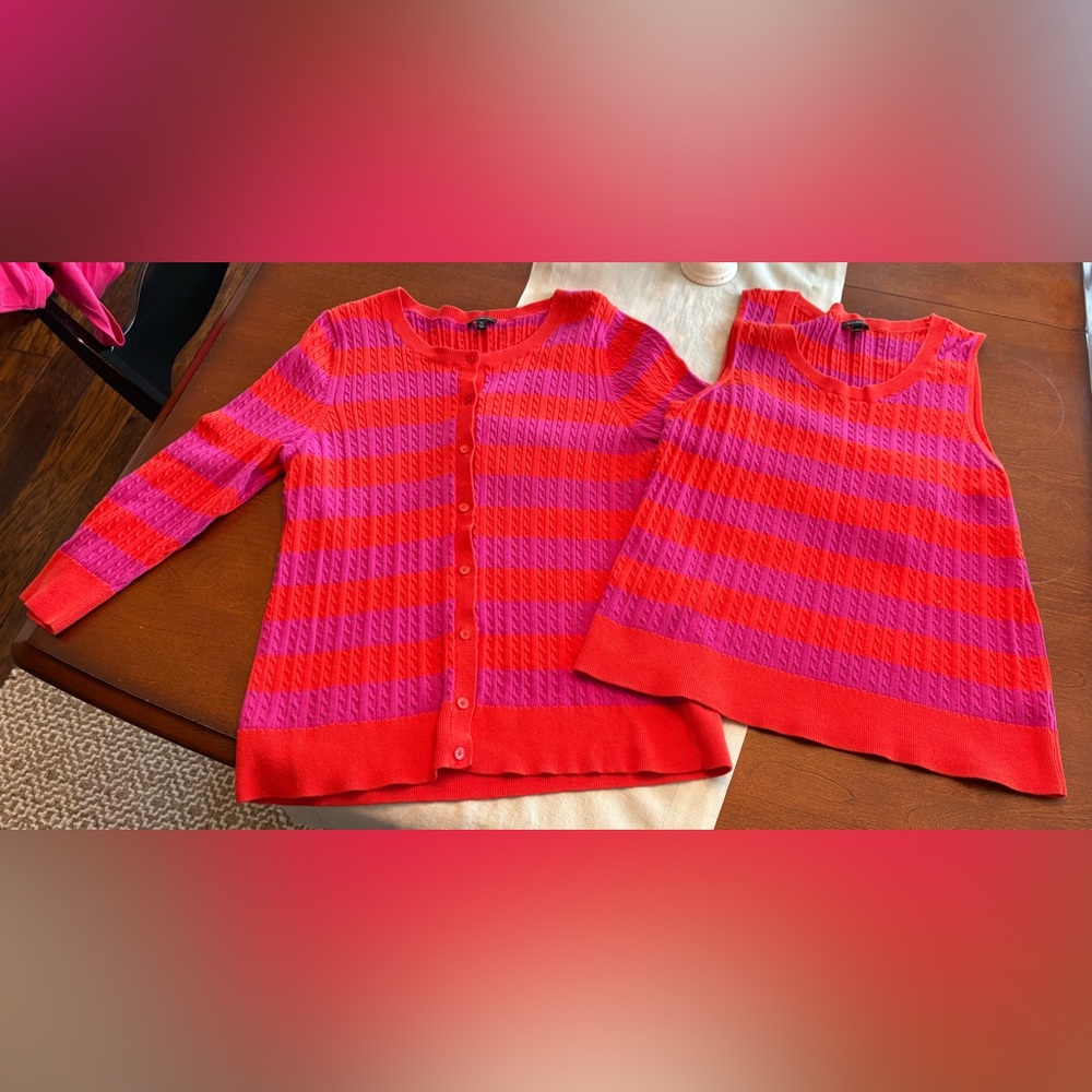 Talbots Sz XL Orange and Purple Striped Cable Cardigan Set